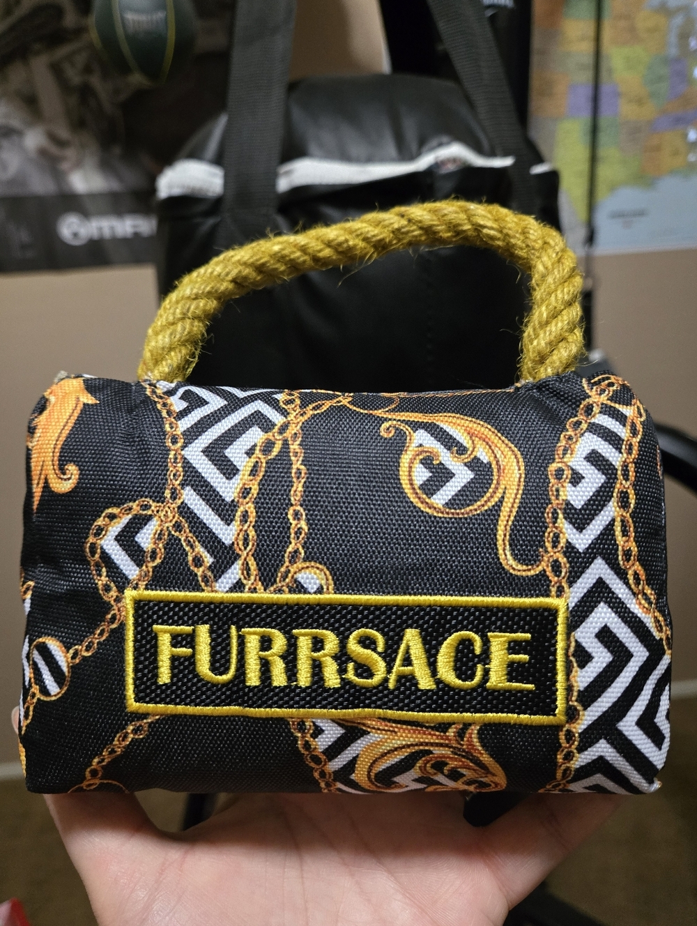 Furrsace Mini Tote Bag - Black & Gold Chain Print - DOG SQUEAK TOY